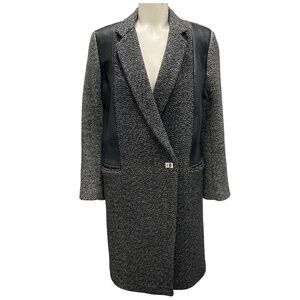 SANDRO BLACK / WHITE TWEED AND LEATHER TRENCH COAT